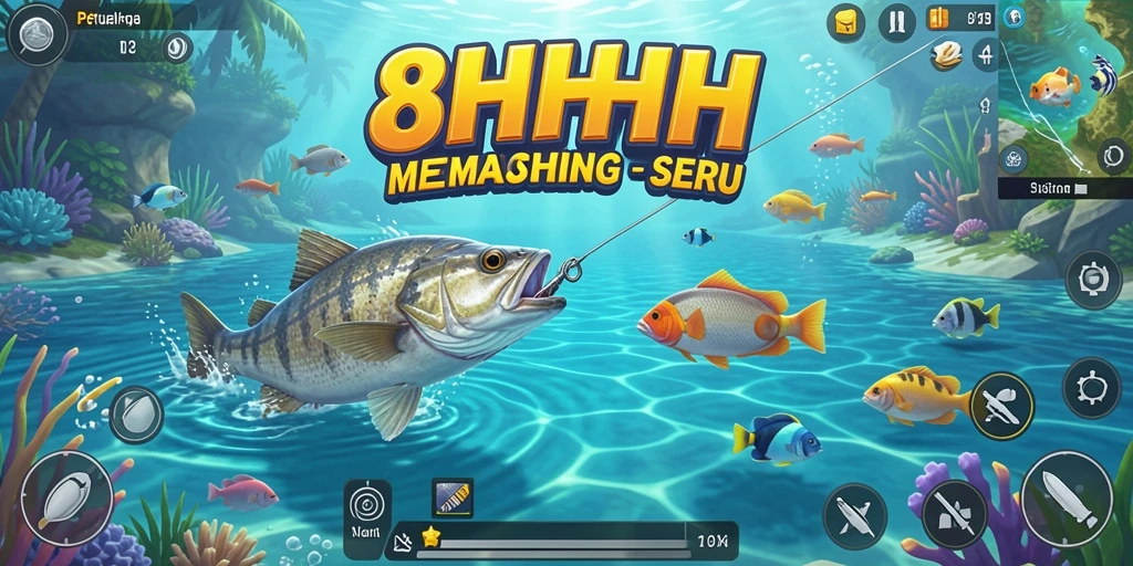 Screenshot gameplay 8HHH menampilkan aksi seru memancing.