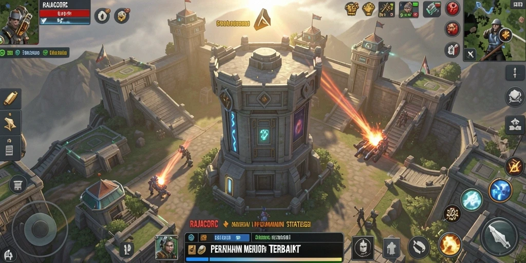 Tampilan gameplay RAJACORC dengan pertahanan menara yang strategis.
