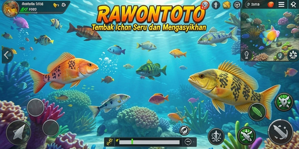 Screenshot gameplay RAWONTOTO dengan aksi tembak ikan yang seru.